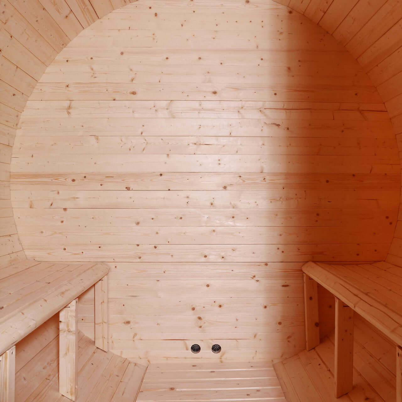 Outdoor White Finland Pine Traditional Barrel Sauna with Black Accents - 3-4 Person Capacity - Full Interior Image